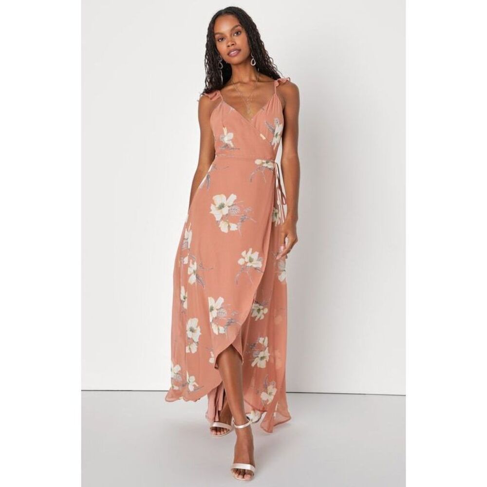 Lulus All Mine Rusty Rose Floral Print High-low Wrap Dress Pink - Size S